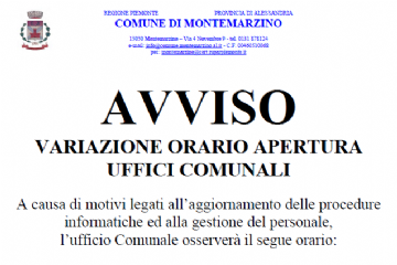 Avviso variazione orario Uffici Comunali.